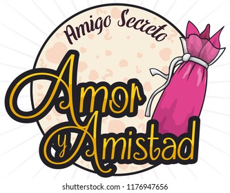 Round label decorated with hearts with a gift in fuchsia envelope, ready to play the tradition Secret Friend in Day of Love and Friendship (texts written in Spanish).