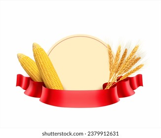 Round label decorated with wheat ears, corncobs and red ribbon isolated on white. Vector illustration. 