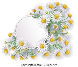 Round label decorated with  wild chamomile flowers.