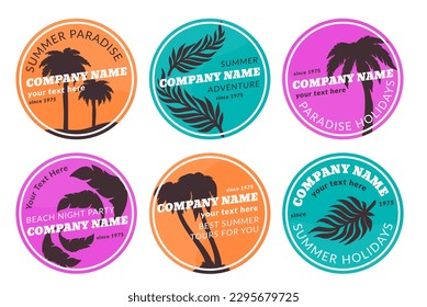 Round label design set with summer resort company. Colorful badge collection with tropical plant silhouette, vector illustration. Tourism service concept at sticker elements