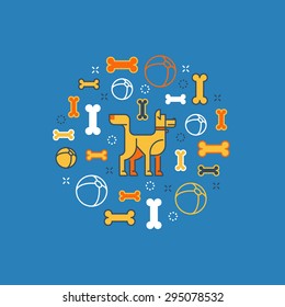 Round label of dog stuff. Pet shop ornament. Dog training center. Advertising template.