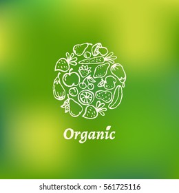 Round label with fruit and vegetables on a mesh background. Vector illustration.