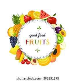 Round label with fruits: apple, strawberry, orange, plum, banana, watermelon, pineapple, papaya, cherry, mango and so. Design template/frame/banner. Vector illustration, isolated on white, eps 10.