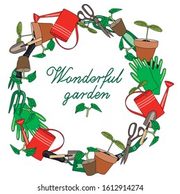 Round label of garden tools: watering cans, gloves, pots with seedlings, rakes, scoops. For the design of garden products. Vector drawing.