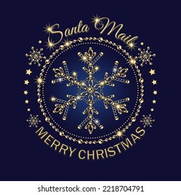 Round label with gold snowflakes made of jewelry chains. Shiny fancy illustration for Christmas, New Year Holiday.