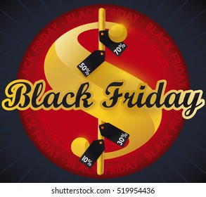 Round label with a golden money symbol with offer tags around it commemorating Black Friday.