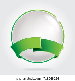 Round label with green ribbon.