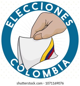 Round label with hand holding a pledge electoral card with the colors of the tricolor flag for Colombian Elections (written in Spanish).