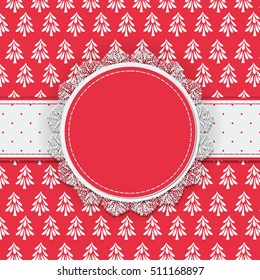 Round label with lace border and dotted ribbon on patterned background with doodle fir trees, Christmas background