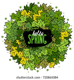 round label with leaves and lettering. spring illustration for a postcard.