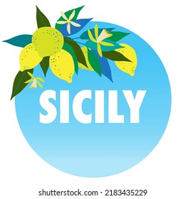 Round label with lemon fruit and flowers vector illustration 