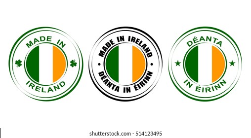 Round label "Made in Ireland" with flag and shamrock