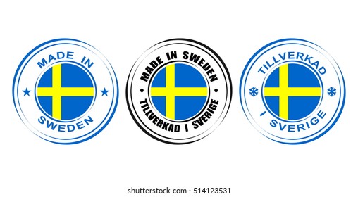 Round label "Made in Sweden" with flag
