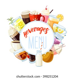 Round label with non-alcoholic beverages - tea, hot chocolate, latte, coffee, smoothie, juice, milkshake, lemonade and so. Design template/frame/banner. Vector illustration, isolated on white, eps 10.