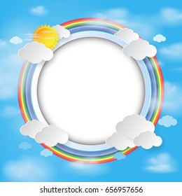 Round label on cloud and sky background.Paper art style.Vector illustration.