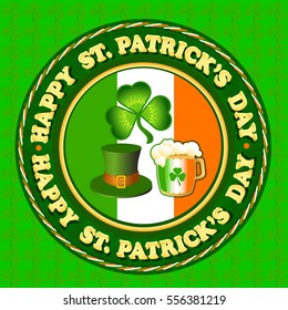Round label on a green trefoil background. Happy Saint Patrick's Day greeting card, text in circle with leaf clover, hat, beer in center of circle.