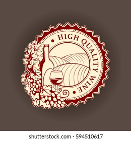 round label, patch, with wine bottle and grape vines, vector illustration