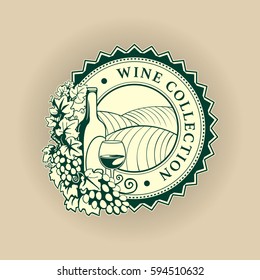 round label, patch, with wine bottle and grape vines, vector illustration