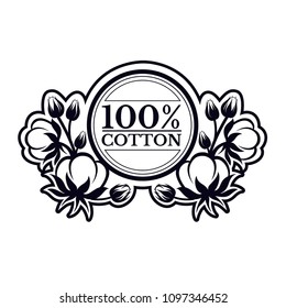 Round label with pattern from cotton plant. Logo for textile, fabric, cloth or business.