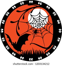 Round label with a picture of a Halloween night