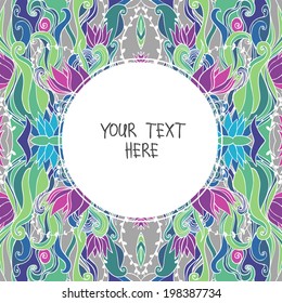 Round label with place for your text on floral seamless background. Editable vector template