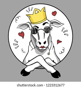 Round label with queen of cows in yellow crown and doodle symbols on white background. Image isolated on background.