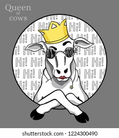Round label with queen of cows in yellow crown and words "hi!". Image isolated on background.