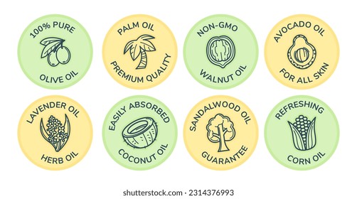 Round label set with organic oil ingredient sign. Colorful sticker collection with line icon elements, vector illustration. Beauty product ingredient tag, skin care package design