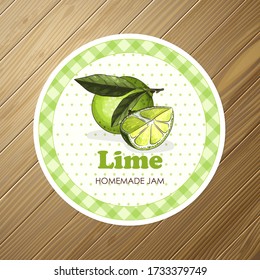 Round label or sticker design with lime illustration. Homemade limejam. For natural or organic fruit products and health care goods.