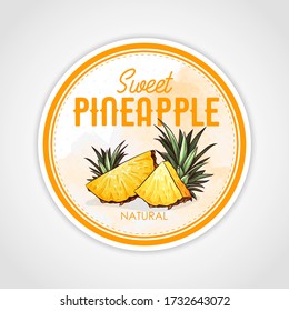 Diseño de etiqueta redonda o pegatina en estilo vintage con ilustración de piña. Piña natural dulce. Para productos de frutas naturales u orgánicos y productos sanitarios.