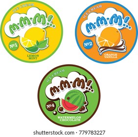 Round label or sticker for ice cream with fictitious name M-M-M!.. Fruit ice cream logo label template.
