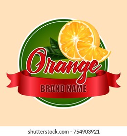 Round label or sticker with the inscription Vector realistic orange. Illustration with a red ribbon.