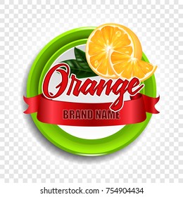 Round label or sticker with the inscription Vector realistic orange. Illustration with a red ribbon.