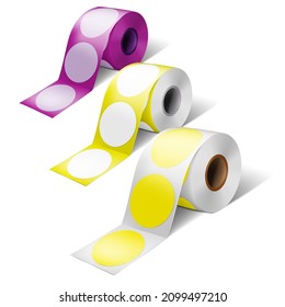 Round Label Sticker Roll Vector Mockup. Blank Adhesive Labels On Bobbin Mock-up. Color Set. Easy To Recolor
