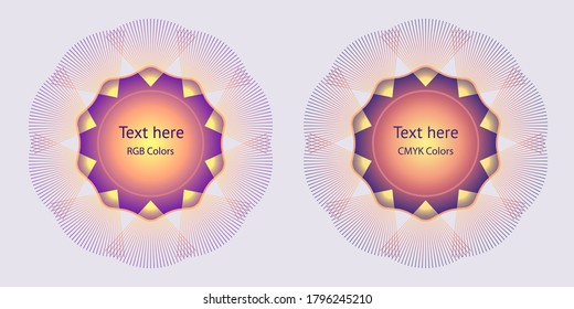 Round label with triangle elements of thin lines around. Bright gradient in CMYK and RGB colors. Vector image for advertising design (flyer, postcard, banner and other prints)
