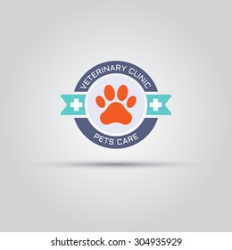 Round label for veterinary clinic with dog paw print and sample text, isolated vector logo template