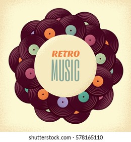 Round label with vintage vinyl records. Retro vector illustration. Design for invitation, card, poster, banner, flyer. Place for your text