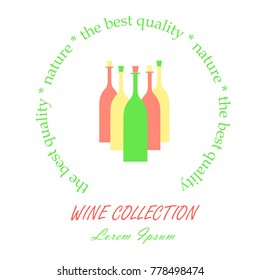 Round label Wine collection. Line style a red, green, yellow wine bottle, Lorem ipsum on white, nature, the best quality. Perfect wine design element stock vector illustration
