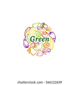Round label with word 'green' and contours of fruit and vegetables. Vector illustration.