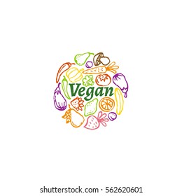 Round label with word 'vegan', fruit and vegetables. Vector illustration.