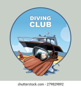 Round label with yacht on the coast of the ocean and mask with red flippers which lie on the seashore