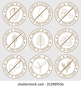 Round labels for allergens free, vegan, vegetarian and dietary products.