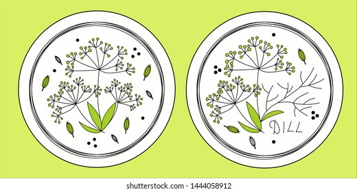 Round labels with dill image: for packaging, stickers, covers, Souvenirs, essential oils, bio-products, spices. Outline drawing of dill on a white background.