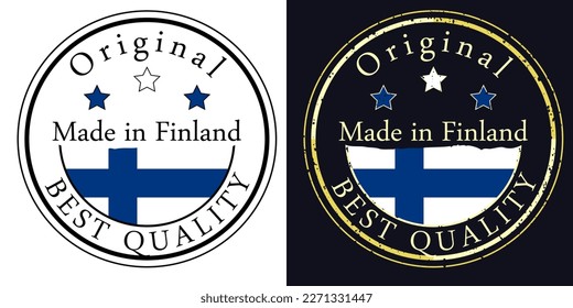 Runde Etiketten mit Fahne, originelle beste Qualität. Vektorgrafik der finnischen Flagge.