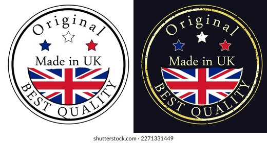 Round labels with flag, original best quality. Vector illustration of United Kingdom flag.