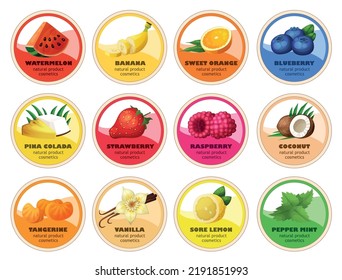 Round labels for packaging design. Fruit flavors vector illustration for lip balm cosmetics product. Circle shaped badges with berry flavors of strawberry, watermelon, vanilla, raspberry, lemon