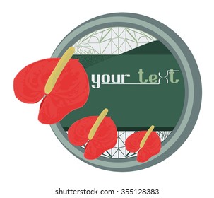 Round labels with a painted image of anthurium flowers