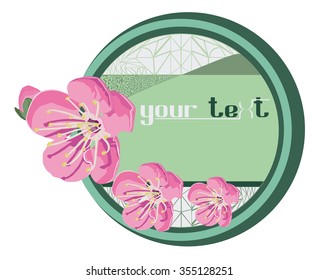 Round labels with a painted image of apple blossom flowers