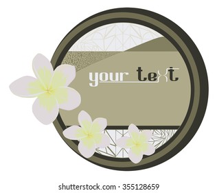 Round labels with a painted image of plumeria flowers