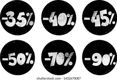 Round labels set with discount, textured hand-printed stamps. Hand-drawn vector illustrations.
